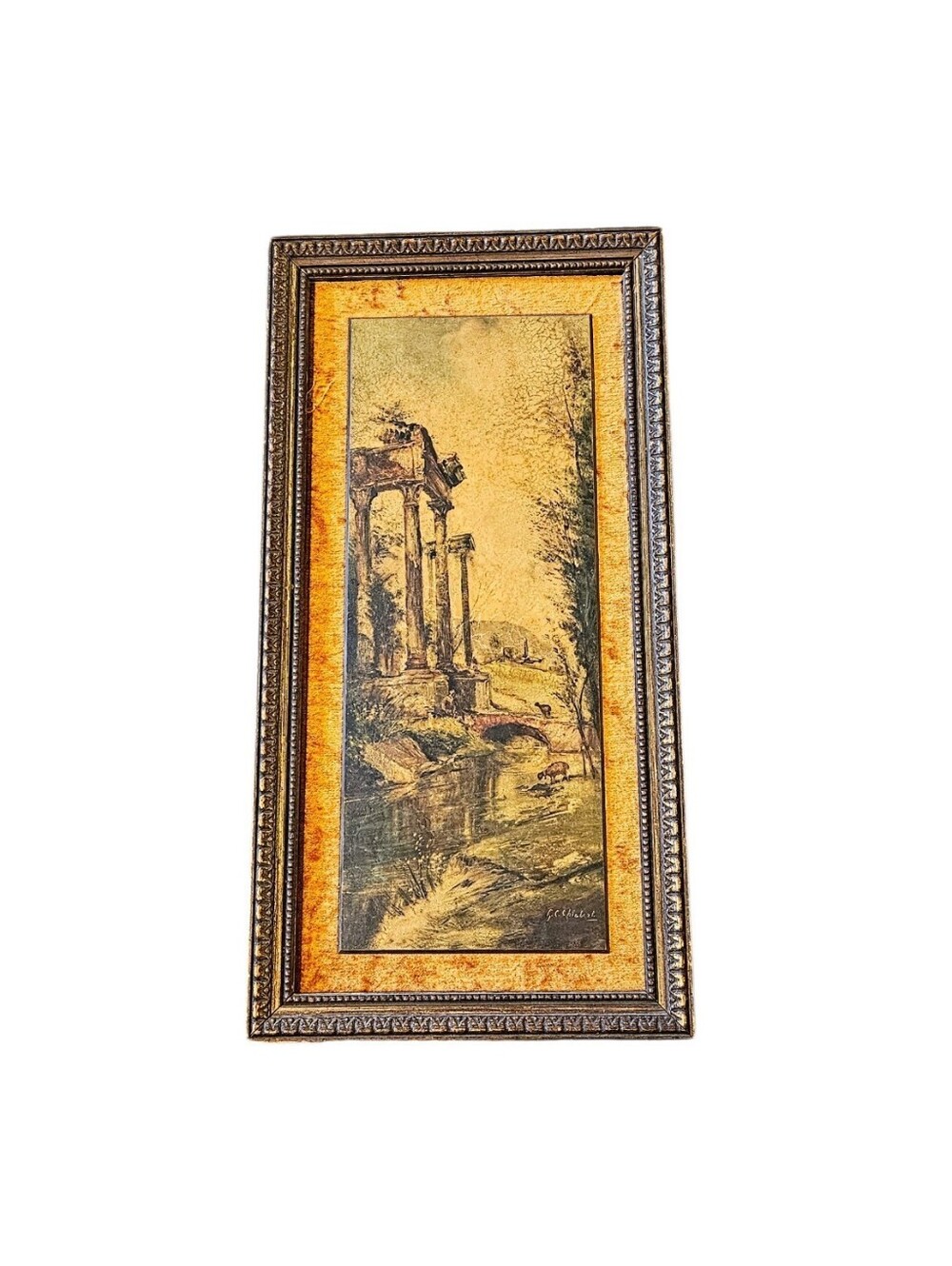 Vintage G C Chiabert Roman Ruins River Print W/Frame 24"×12" Retro 70s